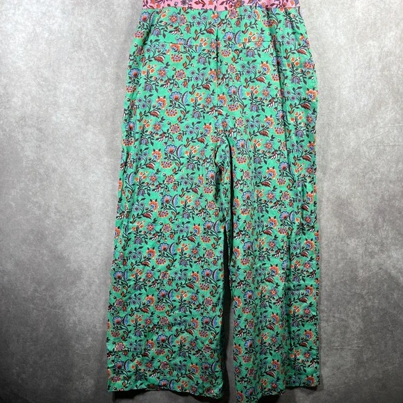 Boden Cross Over Linen Jumpsuit Womens 4 Green Pink Floral‎ Sleeveless Boho NEW - Picture 6 of 13